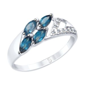 Кольцо из серебра с синими топазами и фианитами